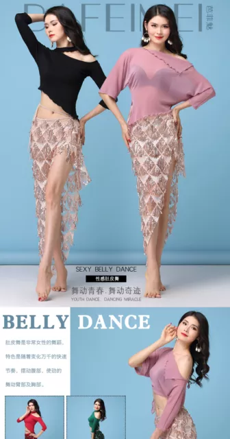 Costume Danza del Ventre Donna Paillettes Anca Sciarpa Vita Cintura Lunga Triangolo Gonna Avvolgente
