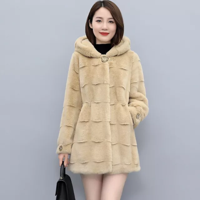 Womens Mid Long Stand Collar Real Fur Coat Mink Fur Jackets Hooded Outwear 4XL 2