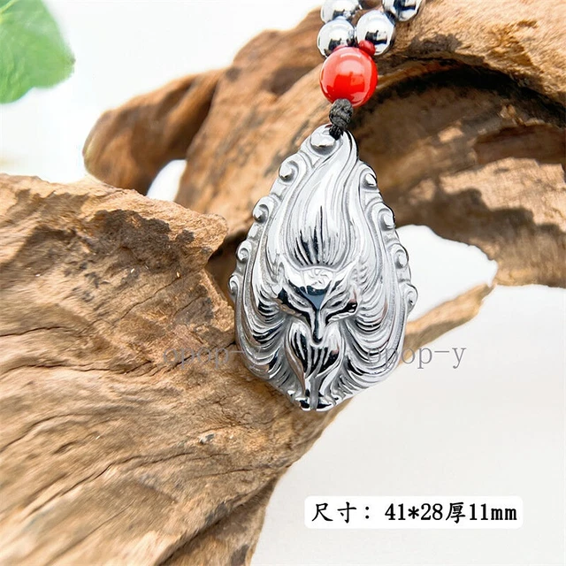 Natural Terahertz Wave Gemstone Nine tailed Fox Carved Pendant Necklace Healing