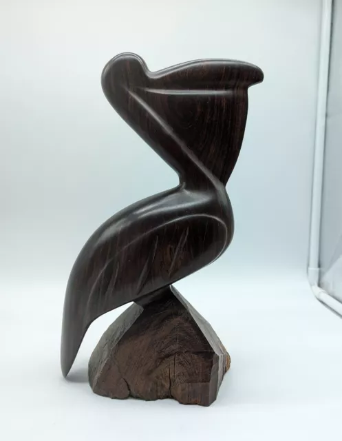 Vintage Hand Carved Wooden Pelican Statue Bird Figurine On "Rock" 11" Tall