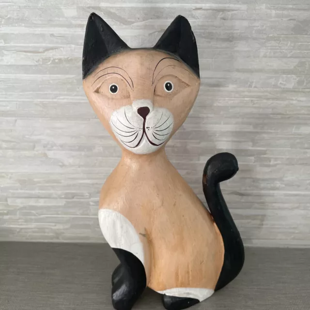 VINTAGE Folk Wood Carved Hand Painted Cat 13” Tall