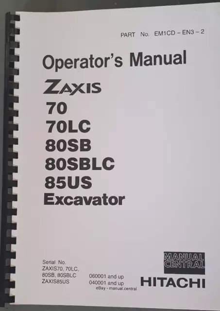 Hitachi Zaxis Excavator Operator Manual - 70 70Lc 80Sb 80Sblc 85Us