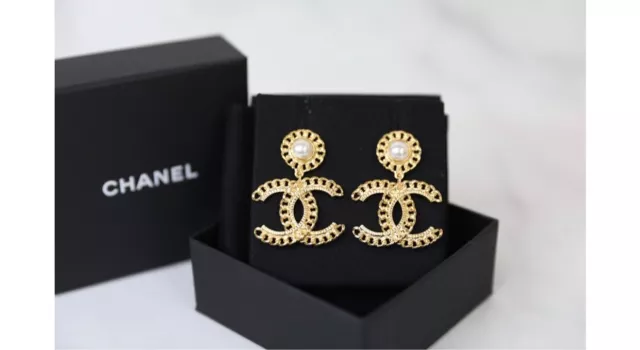 Chanel 22C Gold Heart Pearly White CC Logo Large Dangle Drop Statement  Earrings