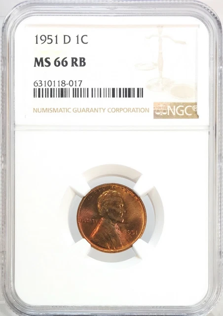1951-D Lincoln Head Cent Penny 1C Gem Brilliant UNC Red Brown NGC MS66 RB