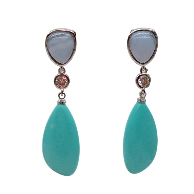 Blue Turquoise Chalcedony Cz Pave Drop Stud Earrings