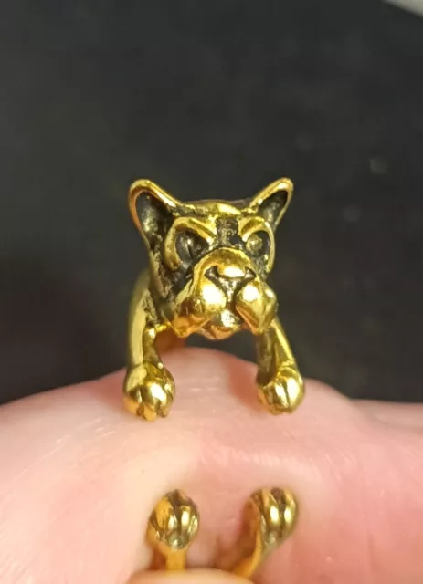 French Bull Dog Wrap Bulldog  Pug Adjustable Ring Silver Black Gold