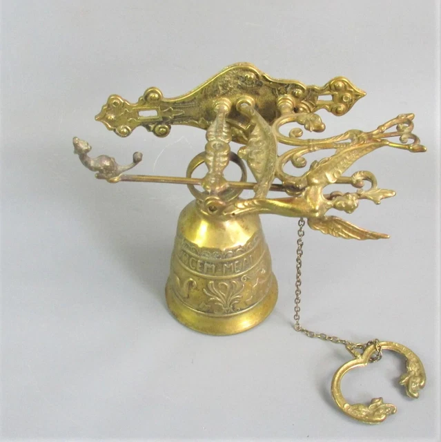 Antique Brass Aesthetic Movement Hanging Wall Bell W Wildlife Detailing 1900s