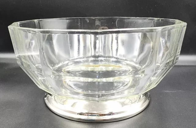 Vtg. Thick Glass Bowl 10 Sides Clear w/ Silver Plate Footed Base 9” Wide Italy