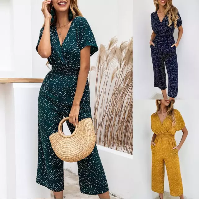 Womens Boho Holiday Jumpsuit Ladies V Neck Short Sleeve Playsuit Wide Leg Pants