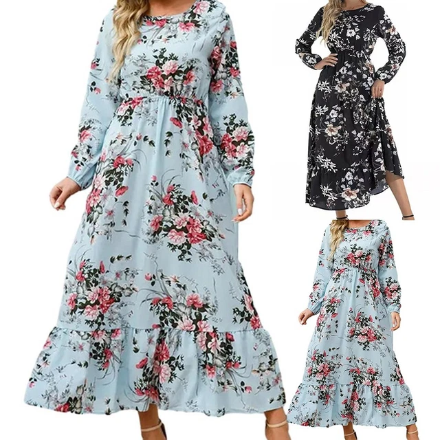 Maxi abito alla moda maniche lunghe con stampa floreale per autunno inverno