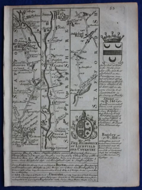 LICHFIELD, RUGELEY, NANTWICH, CHESTER original antique road map, Bowen, 1759