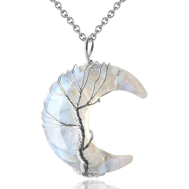 Natural Chakra Healing Crystal Necklace Tree of Life Crescent Moon Stone Pendant