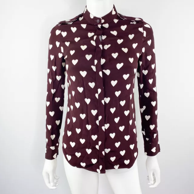 Burberry Prorsum Burgundy Heart Print Silk Blouse Shirt 2013 Size 34 US 0 XXS