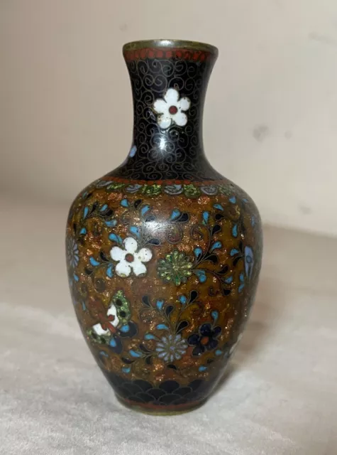 antique 19th century miniature Chinese cloisonné enameled brass flower vase mini