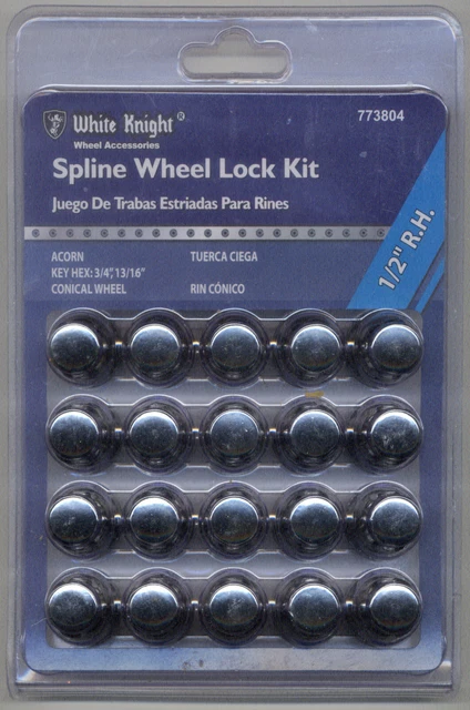 WHITE KNIGHT SPLINE WHEEL LOCK & LUG NUT KIT 773804; 1/2" RH Key Hex 3/4" 13/16"