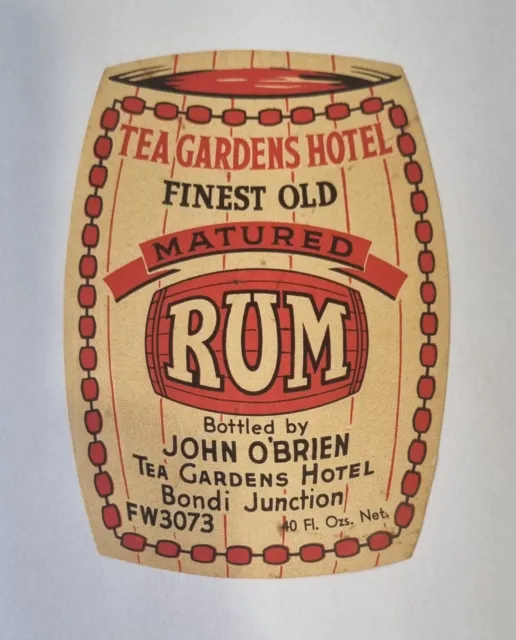 Australian Rum Label Tea Gardens Hotel Finest Old Matured Rum Bondi Junction