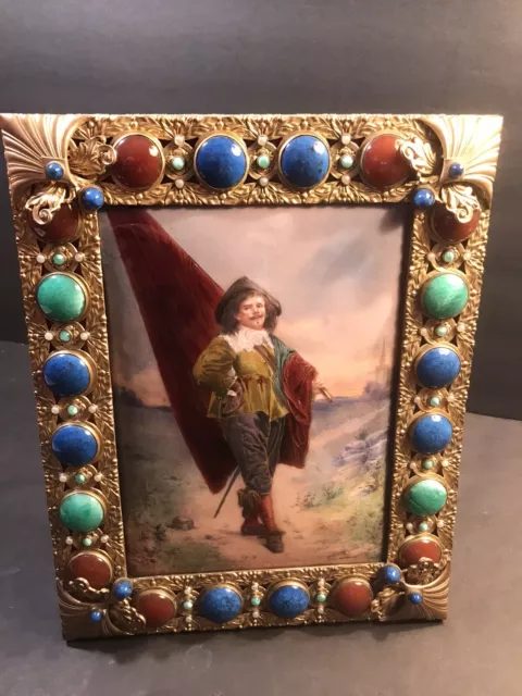 Antique French Enamel Plaque/ Jeweled Bronze Frame/ Signed/ 19 Century