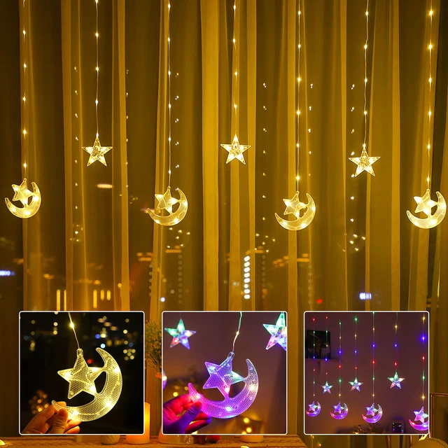 LED Star Moon Curtain Fairy Lights Ramadan Eid Mubarak Decor Icicle String Light