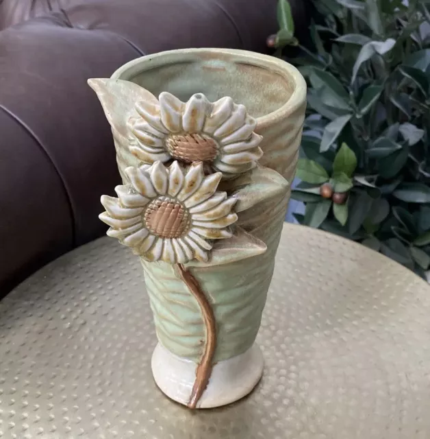 Mid Century Ceramic Studio Pottery Green Drip Glaze Raised Flowers Vase Vintage