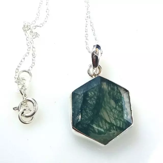 Faceted Moss Agate 925 Sterling Silver Hexagon Natural Gemstone Pendant Jewelry