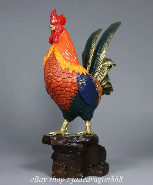 11.2" Chinese Copper Gilt Paintings Fengshui 12 Zodiac Year Rooster Cock Statue