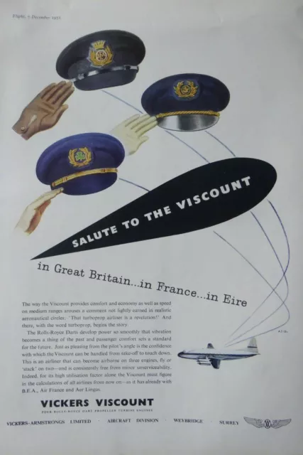 12/1951 Pub Vickers Viscount Airliner Bea Air France Aer Lingus Original Ad