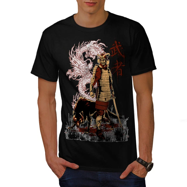 Wellcoda Japan Dragon Wolf Mens T-shirt, Katana Graphic Design Printed Tee