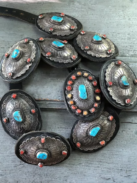 Heavy Vintage Navajo Concho Belt,  Sterling Silver, Turquoise and Spiny Oyster