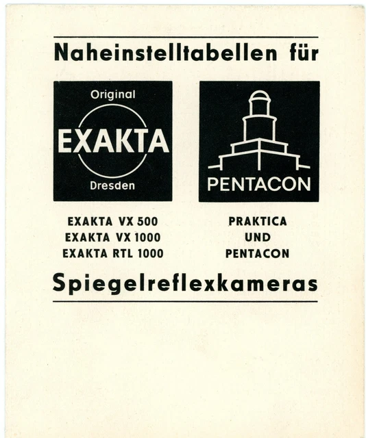 NEAR TABLES FOR PENTACON PRAKTICA EXACTA VX500 VX1000 RTL1000 (Y3060 £ ...
