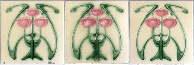 Art Nouveau original architectural salvaged 3 majolica antique tiles set ca1900