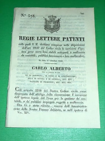 Decreto Regno Sardegna Torino Regie Patenti Codice Civile Iscrizioni Ipoteca