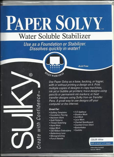 Sulky Paper Solvy (11" x 8.5") - Printable Water Soluble Stabiliser - 12 sheets