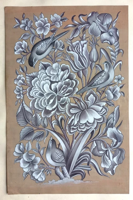 Adorable Groupe De Oiseau en Un Bouquet Fleur Fait à la Main Peinture Miniature
