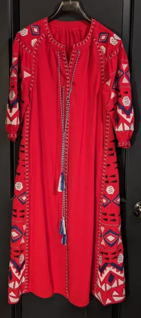 Sandro Paris 3/4 Sleeve Red Aztec Bohemian Shirt Midi Dress Tassels Size 36 / S