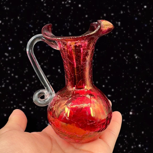 Crackled Art Glass Vase Miniature Pitcher Magenta With Clear Handle Hand Blown