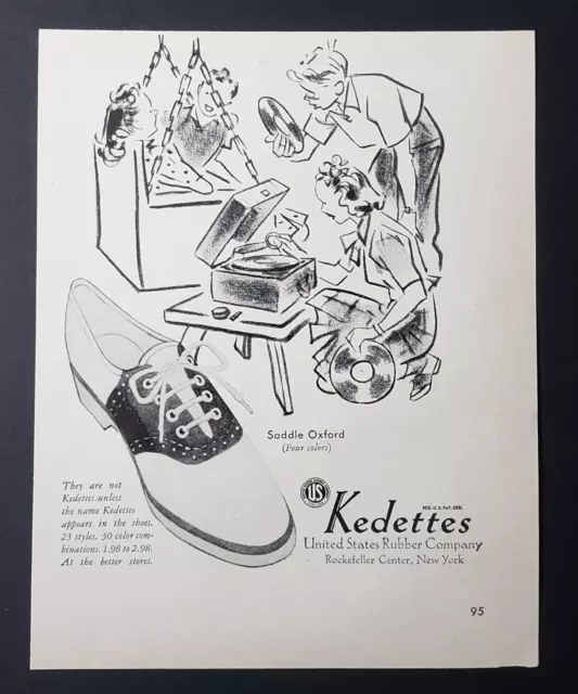 1940 Print Ad Kedettes Saddle Oxford Shoes Boy Girl Playing Records WWII