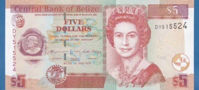 Belize 5 Dollars BZD 2020 year Circulated Banknote. Five dollars Bill Note. CIR