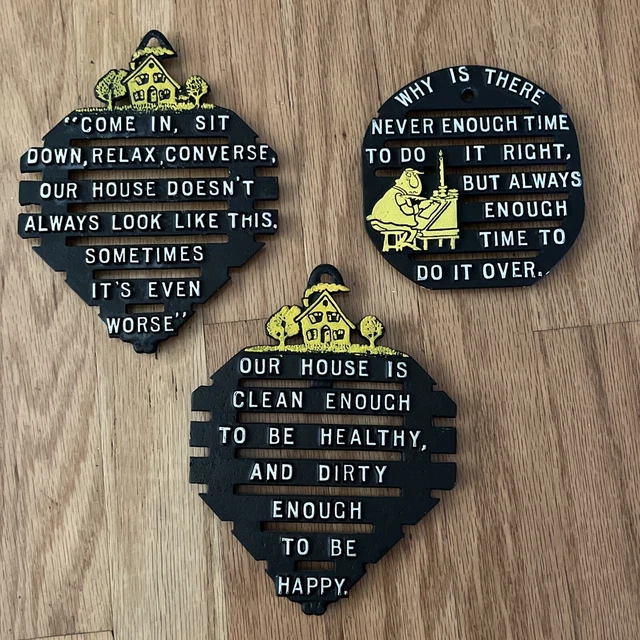 Vintage Cast Iron Metal Trivet Hot Plate Hanger Funny Sayings Set Of Three