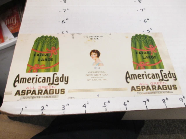 AMERICAN LADY extra large asparagus 1930s metal tin can food paper label