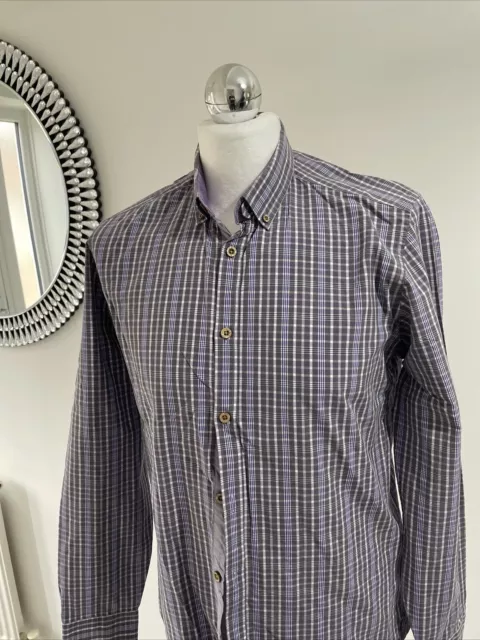 Ted Baker Shirt Men’s Long Sleeve Lilac Check Size 4 Large Logo Button Collar