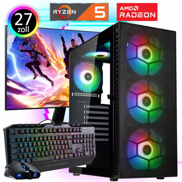 Gaming PC Komplett Set 27" AMD Ryzen 5 5600 6x 4.4 GHz Radeon 32GB Ram RGB Gamer