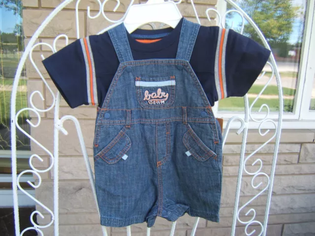 CARTERS SHORTALL DENIM BIB OVERALLS SHIRT SHORTS 2 PC. 6 month blue orange gray