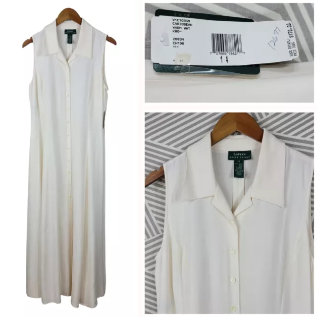 NEW Ralph Lauren Silk Shirt Dress Size 14 Button Up Maxi Ivory White Fit Flare