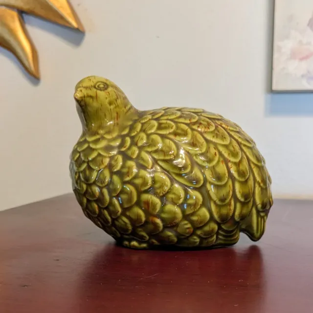 Vintage Pottery Ceramic Partridge Bird Sage Green Brown Quail Nesting 70s Decor