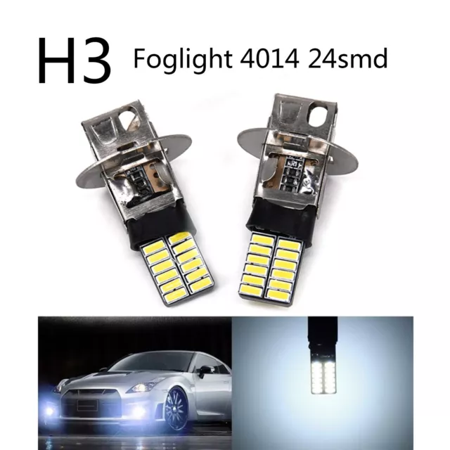 2Pc H3 6500K White 24SMD 4014 LED High Power Bulb DRL Fog Light Driving Lamp 12V