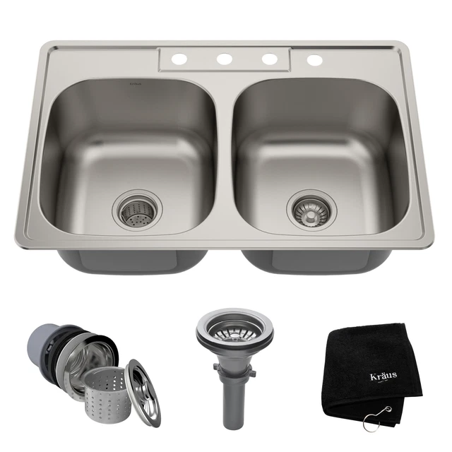 Kraus KTM33 33-1/8" Drop In 50/50 Double Bowl 18 Gauge Stainless - Stainless