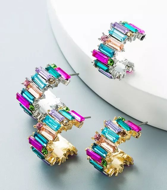 Crystal gold silver multi-coloured  crystal charka rainbow hoop earrings