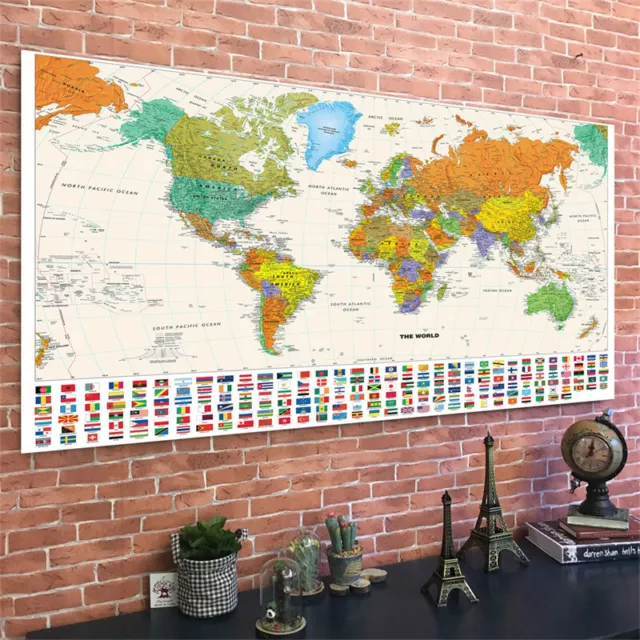 5x3ft 7x5ft Map of the World Map with Flags Wall Poster Prints Home Decoration