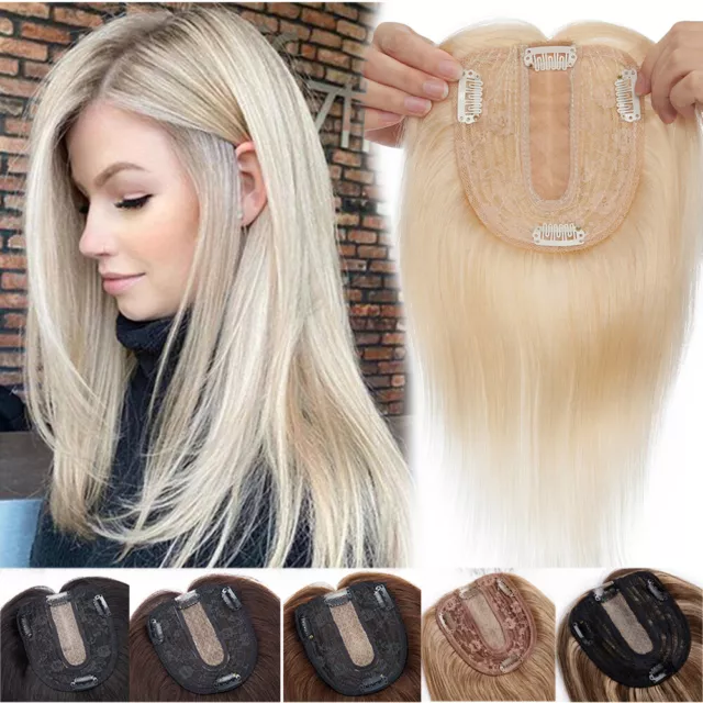 CLEARANCE Topper Hairpiece Clip In Remy Human Hair Top Silk Base Topupee Wig Icy