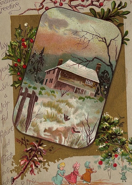 1890s Christmas Greetings Lion Coffee Woolson Spice Co. Holly Berries House Kids